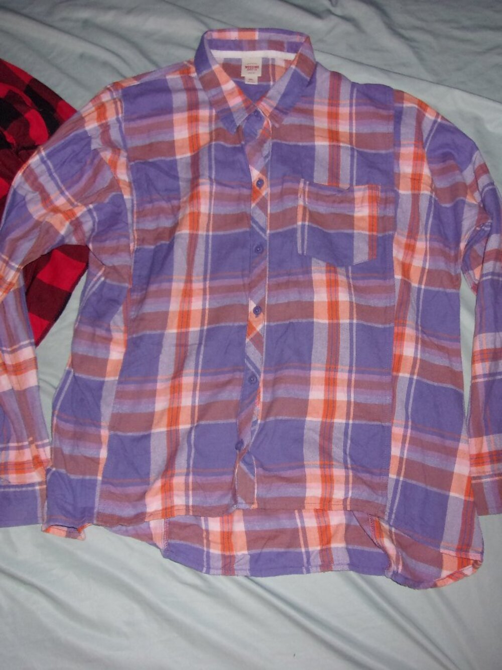 size extra large womens plaid  orange purple shirt flannel gorpcore
